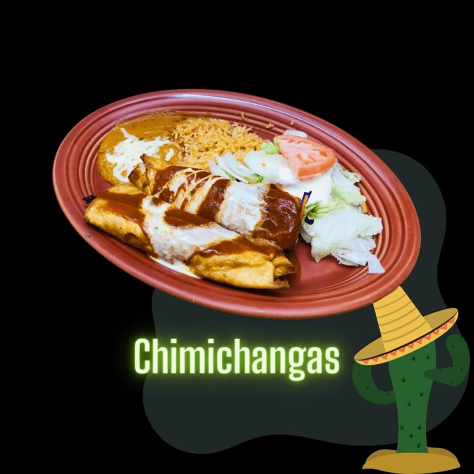 Two chimichangas covered in red and white sauce, served with rice, beans, and a side salad.