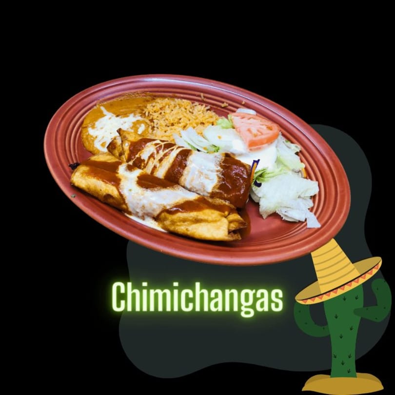 Two chimichangas covered in red and white sauce, served with rice, beans, and a side salad.