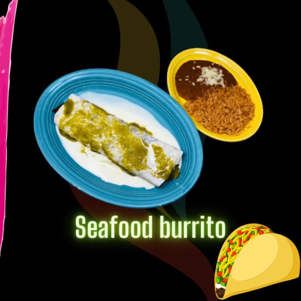 Don Tequila's seafood burrito with green sauce, rice, and beans on a black background.