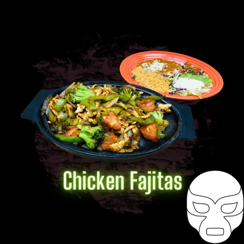 Sizzling chicken fajitas with broccoli, peppers, and onions, served with rice and beans.
