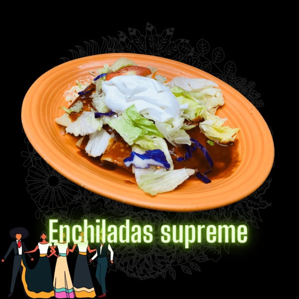 Don Tequila's enchiladas supreme, topped with sour cream, lettuce, and red sauce on an orange plate.