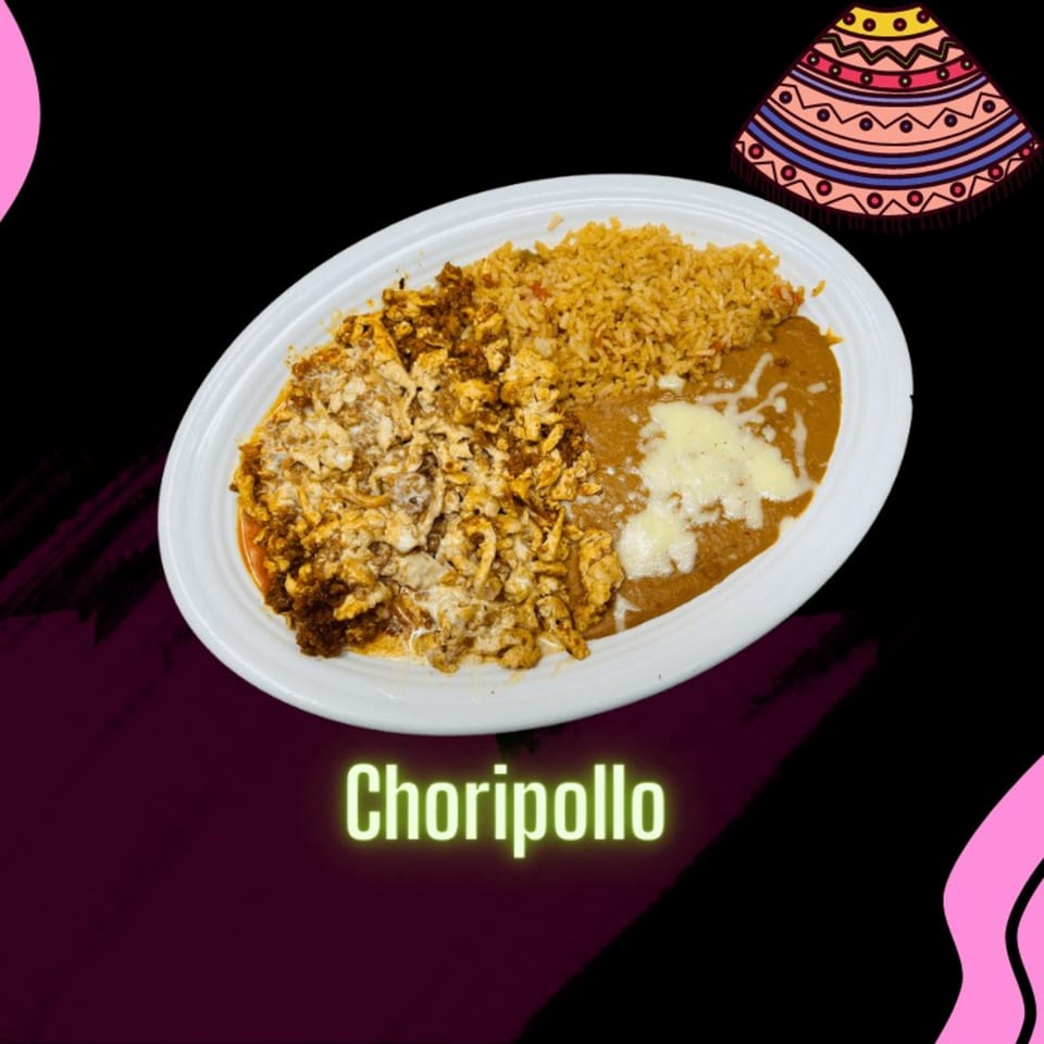 Don Tequila Amherst's Choripollo dish with rice and refried beans on a white oval plate.