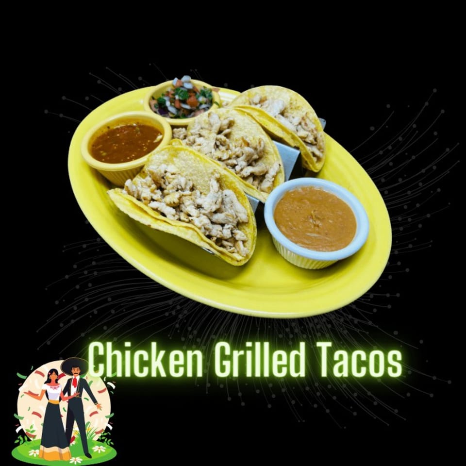 Three chicken grilled tacos with sides of salsa, pico de gallo, and refried beans on a yellow plate.